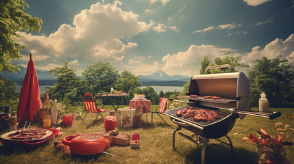 Grilled meat on barbecue grill in the nature. Cooking food on a campfire in the mountains. Picnic in nature. Barbecue with meat and vegetables