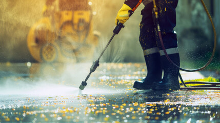 Pressure washer spraying water on concrete, creating a cleansing effect with sun flare