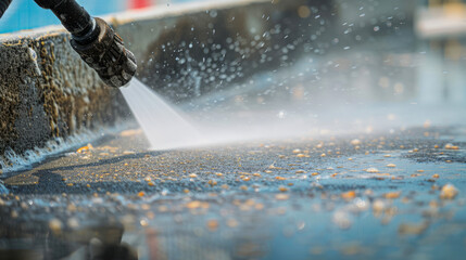 Pressure washer spraying water on concrete, creating a cleansing effect with sun flare - obrazy, fototapety, plakaty