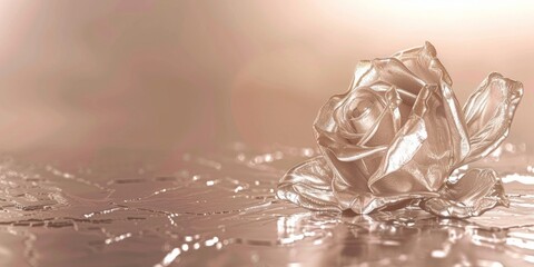 A stylized metallic rose lies on a reflective surface with a soft, glowing backdrop.