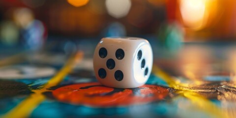 A single white die with black dots sharply focused on a vibrant board game path. - obrazy, fototapety, plakaty