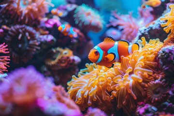 Naklejka na ściany i meble Beautiful clown fish in anemones on the background