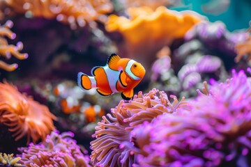 Beautiful clown fish in anemones on the background