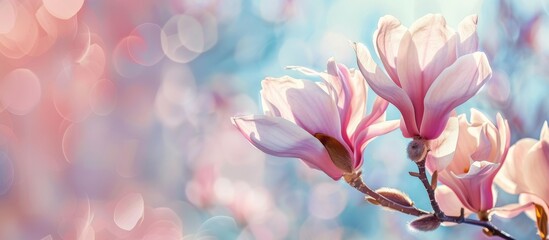 Delicate pink magnolia flowers in bloom, soft focus background with light bokeh, symbolizing spring...