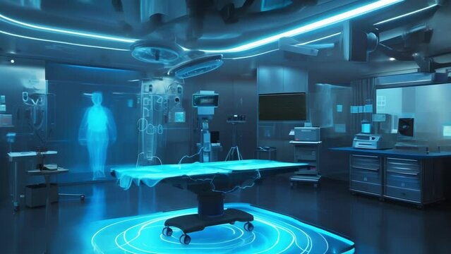 A holographic simulation of an operating room with virtual instruments and equipment allowing surgeons to train and familiarize themselves with the layout and functionality
