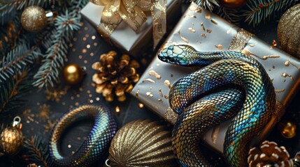Obraz premium Holographic snake on a dark background with scattered festive decorations and glowing lights, suggesting a mysterious holiday theme.