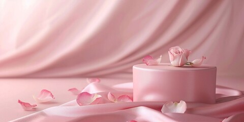 A delicate pink rose atop a smooth pink satin surface surrounded by rose petals.