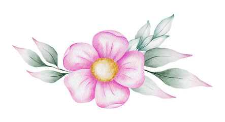 Pink flower with leaves. Hand drawn watercolor illustration. For wedding invitations, packaging of goods, postcard design and stationery.