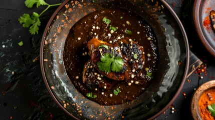 Authentic mole poblano over chicken, garnished with sesame seeds and cilantro, accompanied by a lime wedge, traditional Mexican cuisine, top view