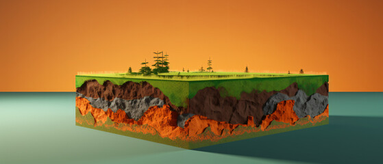 Cubical soil land geology cross section with green grass