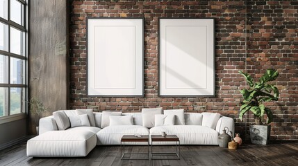 An urban loft living area with a contemporary white sofa, a tufted ottoman, and trio of blank wall mockup frames against a rugged brick wall, with a cityscape view through large windows