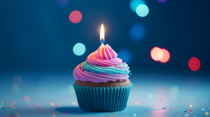 Birthday cupcake with burning candle on blue background with confetti. Delicious Cupcake with colorful candles on pastel blue background