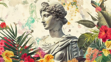 Classical bust meets tropical vibrancy: A statue adorned with lush flowers and foliage, merging art with nature for a creative twist.