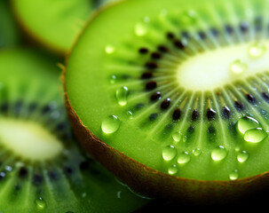 Close-up of a slice of kiwi with a drop of water or juice on a blurry green background, macro photography. Fruit background