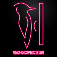 woodpecker neon sign, modern glowing banner design, colorful modern design trend on black background. Vector illustration.