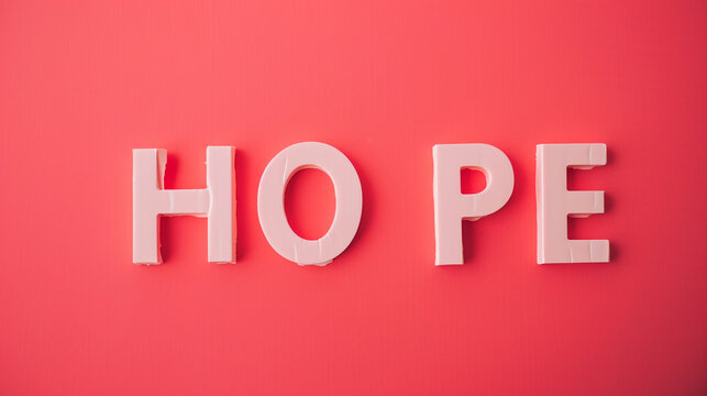 the text HOPE in Coral color on Coral color wall background photography