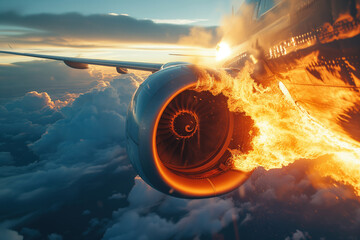 Engine failure during flight, fire engulfed aircraft AI Generation - obrazy, fototapety, plakaty