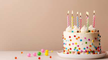 Birthday Cake with Candles - Celebration of Joy, Sweet Delights for Special Occasions, Festive Dessert with Copy Space, Generative AI

