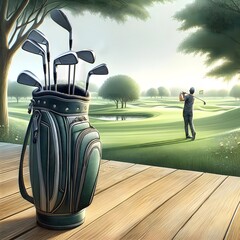 Golf Clubs Illustration with Man Playing Golf on a Field in the Background