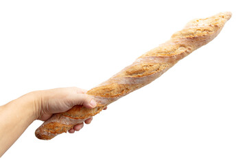 Baguette bread in hand isolated on white background - 756980981