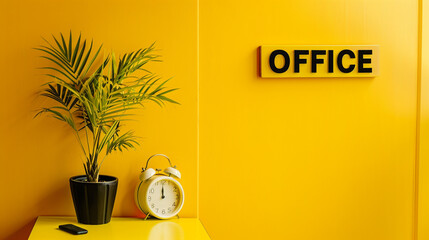 the text OFFICE in yellow color on yellow color wall background professional photography