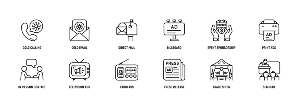 Outbound Marketing Line Icon Set: Unique Style Pixel Perfect Icons can be used for infographics, mobile, websites & etc. Strategy, Editable Stroke.