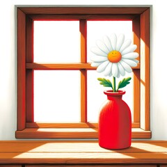 White Daisy in Red Vase on a Window Sill Illustration on a White Background