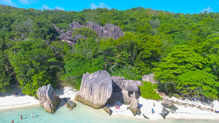 Anse Source D'Argent Beach in La Digue, Seychelles. Aerial view of tropical coastline on a sunny day - 756981191