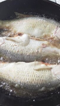 whole vobla fish frying in a cast iron skillet with oil at domestic kitchen.