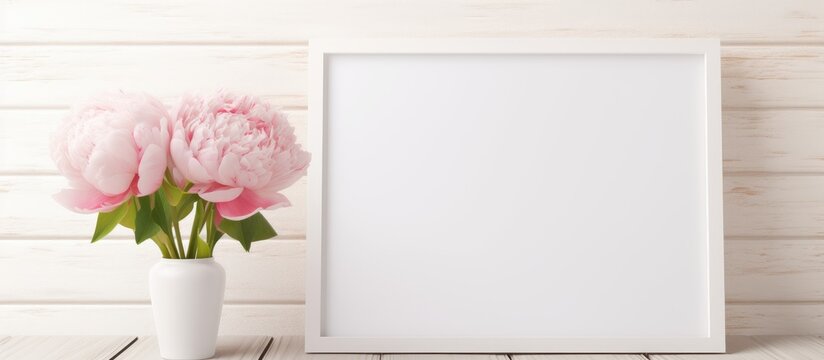 A white vase adorned with pink flowers sits beside a white picture frame. The contrast of colors creates a stunning display of beauty