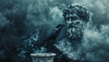 A sculpture of a Greek philosopher against the backdrop of a garbage dump with crows, environmental pollution and an environmental problem. - obrazy, fototapety, plakaty