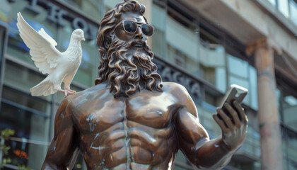 A modern sculpture of a Greek man in sunglasses takes a selfie with a dove on his shoulder.