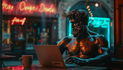 Bronze sculpture of a muscular man working on a laptop in a cafe, modern art.