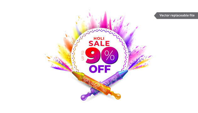 Colorful holi festival template design for advertisement and sales promotion logo with 90% off text.