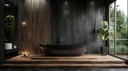 Black and Wooden Bathroom with White Tub - Modern Interior Design with Clean Lines and Natural Elements, Contemporary Home Spa Concept, Copy Space for Text, Generative AI

