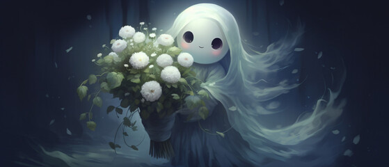 Cute ghost with a bouquet of flowers in her hands.