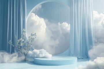 Abstract 3D colorful podium design in blue with cloud for product presentation