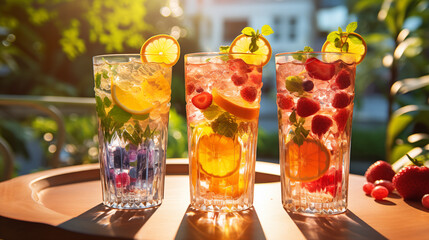 A tray with three glasses of iced fruit water, in summer, in a sunny day. - obrazy, fototapety, plakaty