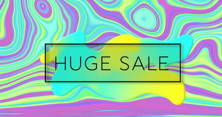 Image of huge sale text on colourful liquid background
