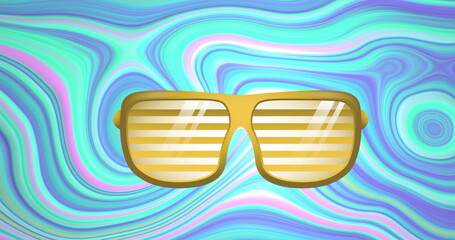 Image of glasses over moving colourful liquid background