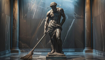 An ancient sculpture with a broom in his hands in the museum. Monument to a street cleaner.