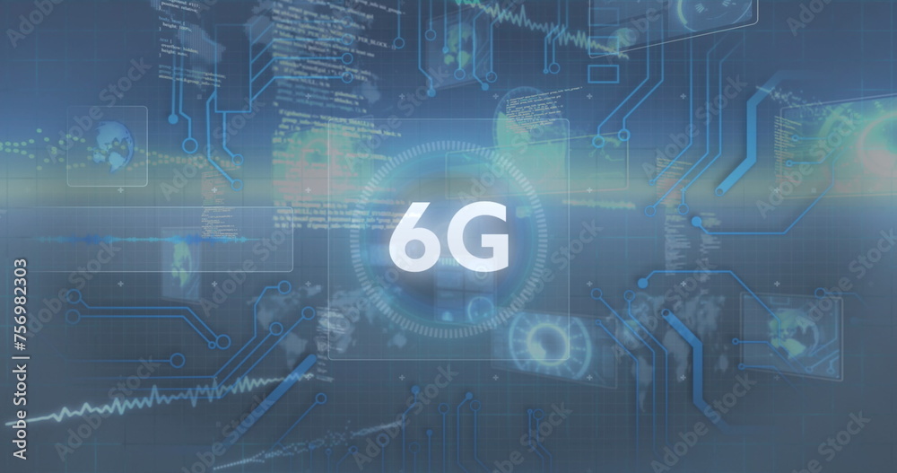 Fototapete image of 6g text with computer motherboard and digital information moving on dark background