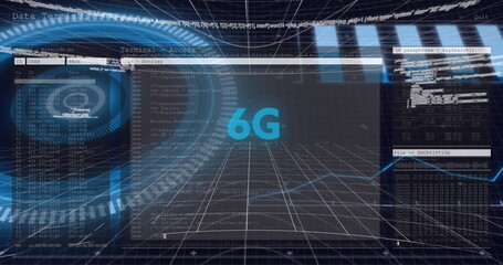 Image of glowing interface with 6g text, charts and information moving on black background