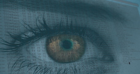 Image of woman's amber eye with fast scrolling digital information