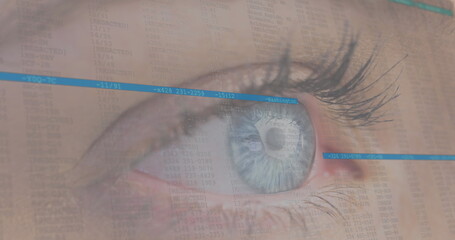 Image of woman's blue eye with blue lines moving scanning over it