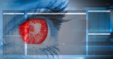 Image of woman's red eye with interface and fast scrolling digital information