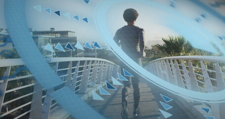 Image of data processing over african american man running