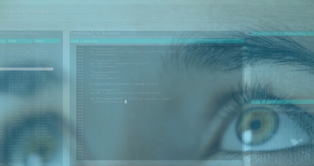 Image of woman's green eyes and scrolling digital information with white and blue lines