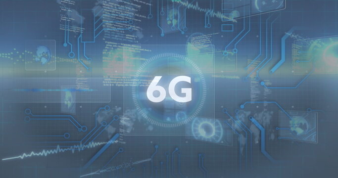 Image of 6g text with computer motherboard and digital information moving on dark background - Powered by Adobe