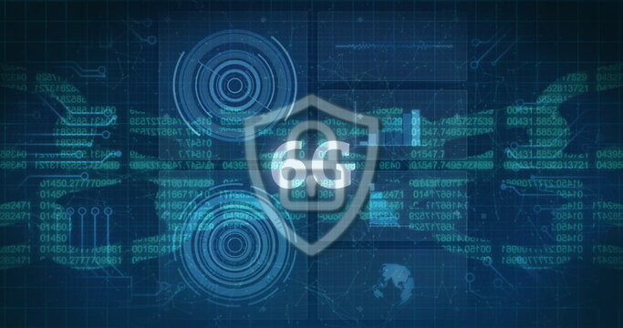 Image of 6g text with digital padlock symbol information moving on dark background - Powered by Adobe